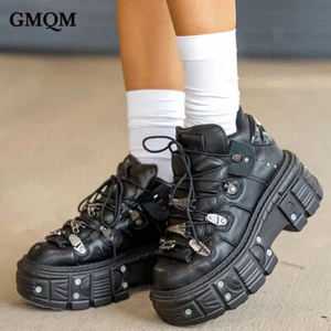 2025 Flat Platform Ankle Boot Thick Sole Rock Boot Metal Decor Halloween Shoe - Picture 1 of 25