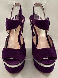 PURPLE SUEDE MIU MIU PLATFORM WEDGE SHOES WITH SILVER STRIPE DETAIL EU SIZE 40 - Picture 1 of 8