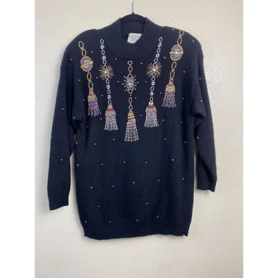 Suéter Vintage Marisa Christina Lana de Cordero Angora Mujer Talla XL Negro Tachonado Foto 1 de 4