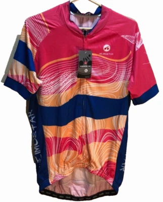 Camiseta Weimostar zíper completo rosa ondas azuis laranja bicicletas ciclismo GG etiqueta não usada - Imagem 1 de 2