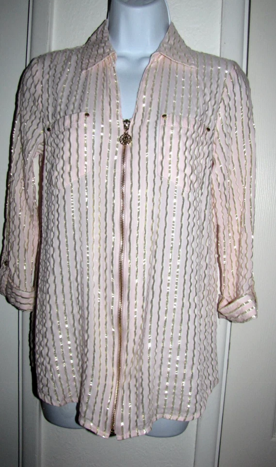 Anne Klein 全拉链衬衫粉色带金色金属条纹 2/3 袖 Wm's XS — 第 1/4 张图片