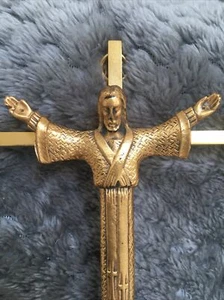 Gold Metal Crucifix Jesus on the Cross Wearing a Robe, Wall Hanger, 7" by 3 1/2" - Picture 1 of 8