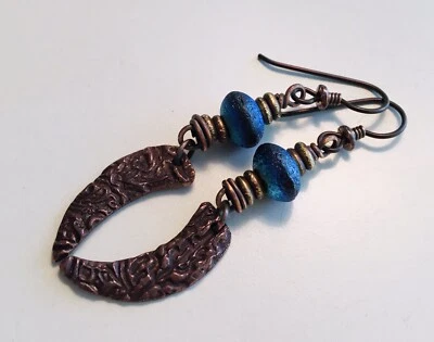 ARTISAN BRONZE EARRINGS PURE BRONZE AND BLUE EARRINGS RUSTIC BOHO HIPPIE EARRING - Image 1 of 4