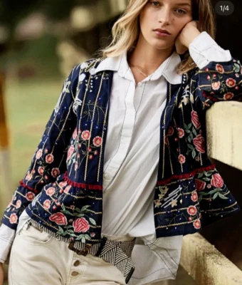 NWT Ruby yaya Womens Navy Blue Embroidered Wide Sleeve Open Front Jacket Small - Image 1 of 4