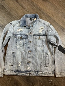 NWT Poison Mushroom Distressed Acid Wash Denim Jacket Womens Medium New With Tag - Picture 1 of 8