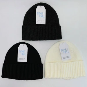 Set 3 Cappelli Time And Tru Beanie Invernali Bianco, Oliva, Nero Maglia a Coste Polsini Lotto - Foto 1 di 6