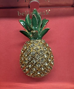 Gold Tone Orange Crystals Pineapple Brooch Pin Yellow Rhinestones in Gift Box - Picture 1 of 7