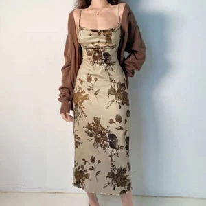 Dark Grunge Fairycore Mesh Floral Dress Vintage Slash Neck Sleeveless Maxi Dress - Bild 1 von 9