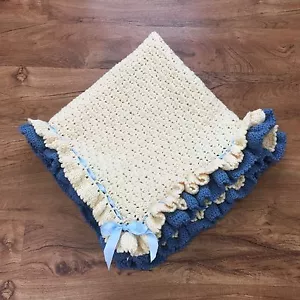Lovely Hand Crocheted Ruffled Baby Blanket Cream & Blue With Blue Ribbon 40 x 40 - Picture 1 of 8