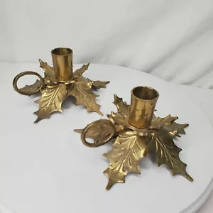 Vintage Brass Holly Leaf Candle Holders Layered Leaves Set Of 2 Finger Ring - Picture 1 of 12