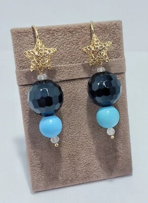 Orecchini donna pendenti argento925 oro giallo chiusura amo pietra nera turchese - Immagine 1 di 4