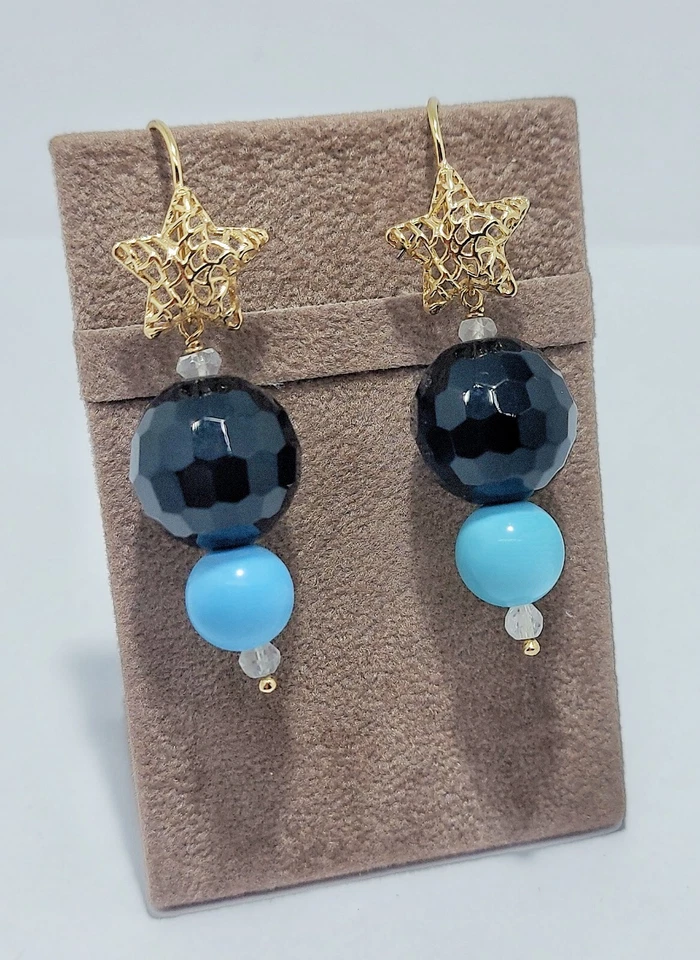 Orecchini donna pendenti argento925 oro giallo chiusura amo pietra nera turchese - Immagine 1 di 4