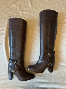 Tory Burch Sz 6 Tall Knee High Brown Leather Livingston Block Heel Boots Buckle - Picture 1 of 23