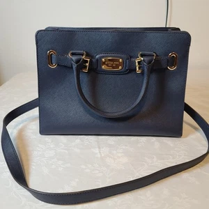 Michael Kors Hamilton Handbag MK Purse Crossbody Satchel Dark Blue - Picture 1 of 9