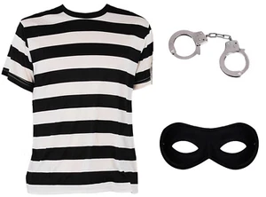Robber Burglar Thief 3pc Set ( Black & White Stripes Top Handcuffs & Eye Mask ) - Picture 1 of 1