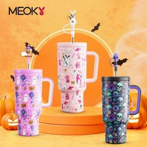 Meoky 40oz Bicchiere Manico con Carino Tappo di Paglia Halloween Tazza in Acciaio Inox - Foto 1 di 17