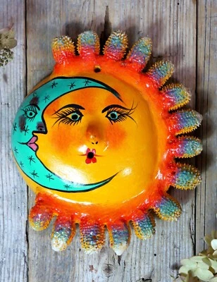 Sun Moon Face Coconut Wall Ornament Handmade & Painted Guerrero Mexican Folk Art - Image 1 of 4