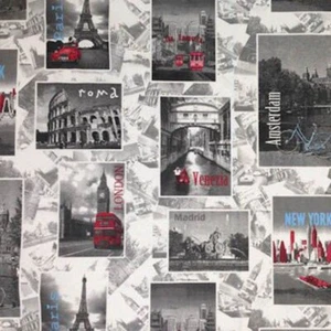 Cotton Rich Linen Look Fabric Big Cities Around The World Upholstery - Picture 1 of 1