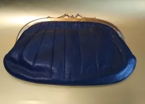 Damen Vintage Blau Leder Clutch Handtasche Kussverschluss Gold Metallbesatz - Bild 1 von 13