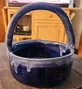 BEAR Art Pottery Basket Blue Drip Glaze Signed 8" x 6.5" - Picture 1 of 10