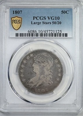 1807 Capped Bust Half Dollar 50C PCGS VG10 - Large Stars 50/20 - Image 1 of 4