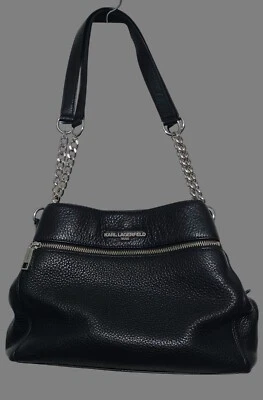Lovely Karl Lagerfeld Paris Bouquet Black Pebble Leather Silver Chain Handbag - Image 1 of 4