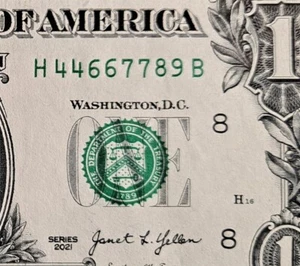 Fancy Serial Number $1 Bill Series 2021 ~44667789~ (Tres pares consecutivos) UNC. - Imagen 1 de 3