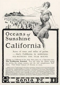 Pubblicità 1903 Santa Fe stampa ferroviaria Oceans Of Sunshine California Resorts Spiagge - Foto 1 di 1