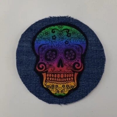 Sugar Skull Rainbow Colored Sew On Denim Patch Halloween Colorful - Image 1 of 3