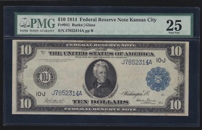 US 1914 $10 FRN Kansas City Note FR 941 PMG 25 VF (314) - Image 1 of 2