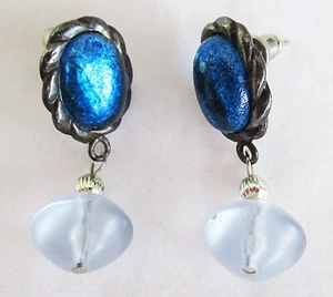 Vintage Silver Framed Blue Stone Dangle pole/stick/stud #527 earring - Bild 1 von 2