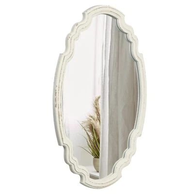Vintage Sculpted Oval Mirrors For Wall Decor 23 Inch Distressed White Ornate Acc - Image 1 of 4