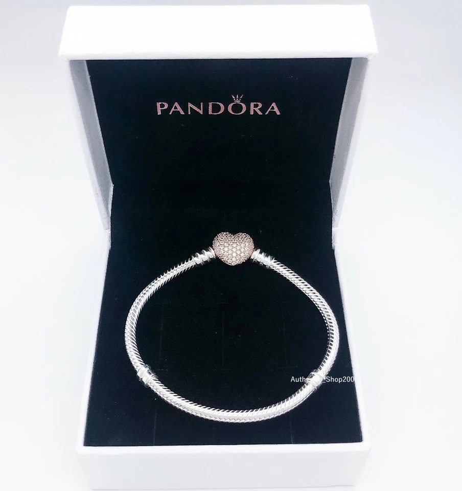 PANDORA Moments Silver Bracelet With Rose Pave Heart Clasp 586292 6.7 Inches