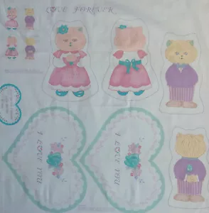 * Vintage LOVE FOREVER Schneiden und Nähen Kätzchen Puppen Kissen und Latz Stoff Panel - Bild 1 von 6