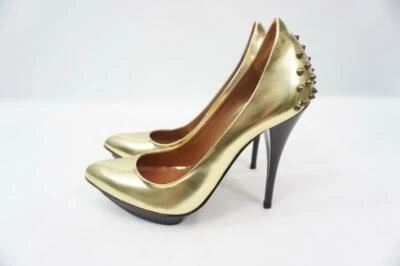 ALEXANDER MCQUEEN USADOS 38 CHAROL DORADO TACONES/TACONES DE AGUJA CON TACHUELAS ITALIA Foto 1 de 4