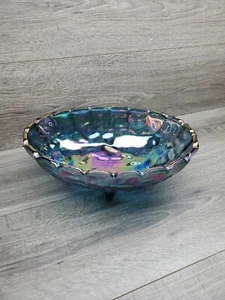 Carnival  Glass Oval 12” Footed Fruit Bowl Blue Iridescent Color Indiana - Picture 1 of 6