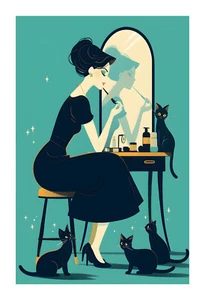 Stampa artistica vintage anni 50 gatto donna za7 - Foto 1 di 2