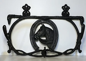 Vintage Coat Hat Leash Rack Wall Hanging Dog Heads Horse Shoe Cast Aluminum 19" - Picture 1 of 24