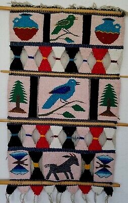 Rare HandMade Woven Pictorial Wall Hanging Folk Tapestry Native American Symbols • 495$