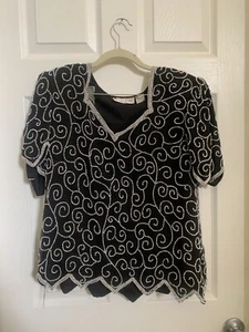 Vintage 80s Laurence Kazar Fancy Formal Black Sequin Beaded Silk Large Top - Picture 1 of 3