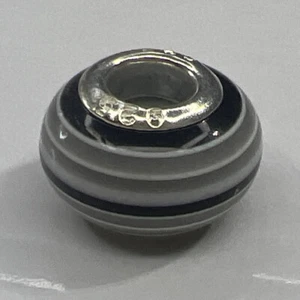 925 Sterling Silber Italy Glas Murano Schieber Charm Bead Schwarz Weiß Grau Streifen - Bild 1 von 5