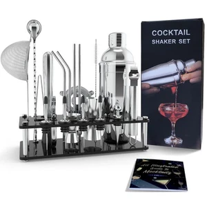 Cocktail Shaker Set with Stand 22-Piece Bartender Kit with 17 Recipe Stainles... - Picture 1 of 9
