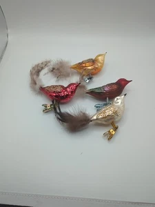 Vidrio Vintage Clip En Pájaros Adornos de Navidad 4 Rojo Amarillo Blanco Alemania Occidental - Imagen 1 de 7