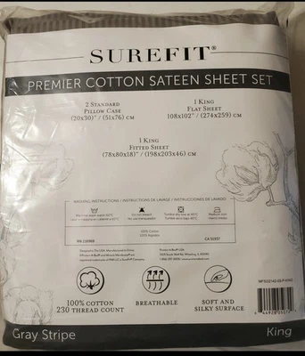 Nuevo - Juego de Sábanas King Satén Algodón Surefit Premier, Rayas Blancas Foto 1 de 3