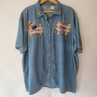 Camisa de Colección Bobby Brooks Denim Cambray Para Mujer 26W/28W Bordada Casa de Campo Foto 1 de 4