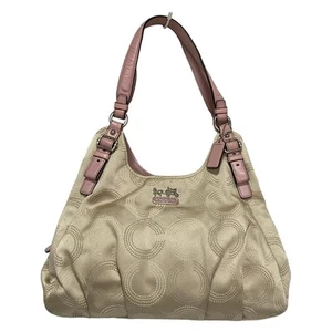 Auth COACH Madison Dotted Op Art Maggie 16505 Beige Pink Nylon Leather - - Picture 1 of 8