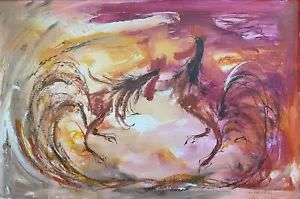 G. BROLIERS AMERICAN 20TH CENTURY VIVID ESPRESSIONIST COCK FIGHT SCENA con OLIO - Foto 1 di 9