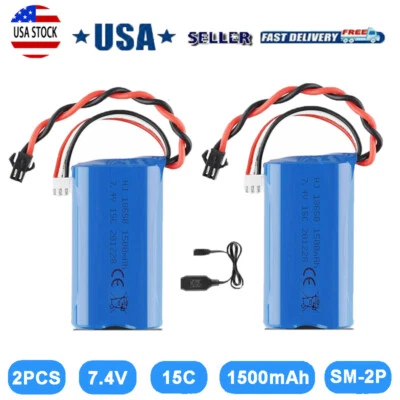 2 Pack 7.4V 1500mAh Li-ion Battery 15C SM 2P Plug w/ USB Charger for RC Car Boat - Image 1 of 4