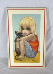 Vtg 1962 Margaret Keane Big Eye Print Little Ones Girl Siamese Cat Framed 9x14" - Picture 1 of 7