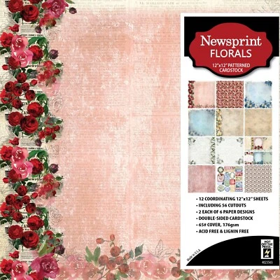 Newsprint Flowers 12x12 Scrapbook Paper – Patterned Cardstock for Crafts Lot - Image 1 of 2